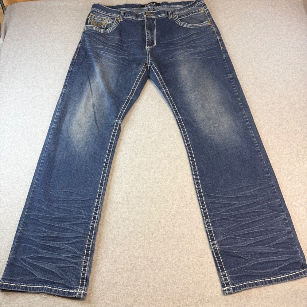 True Luck Mens Jeans 38x32 Blue Thick Stitch Straight Leg Denim Pants